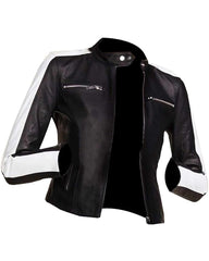 Women Cafe Racer Jacket Stripe Motorcycle Slim Biker Coat