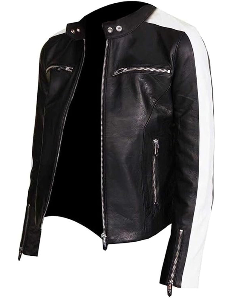 Women Cafe Racer Jacket Stripe Motorcycle Slim Biker Coat